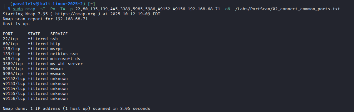 Kali Nmap output reporting the selected Windows TCP ports as filtered.