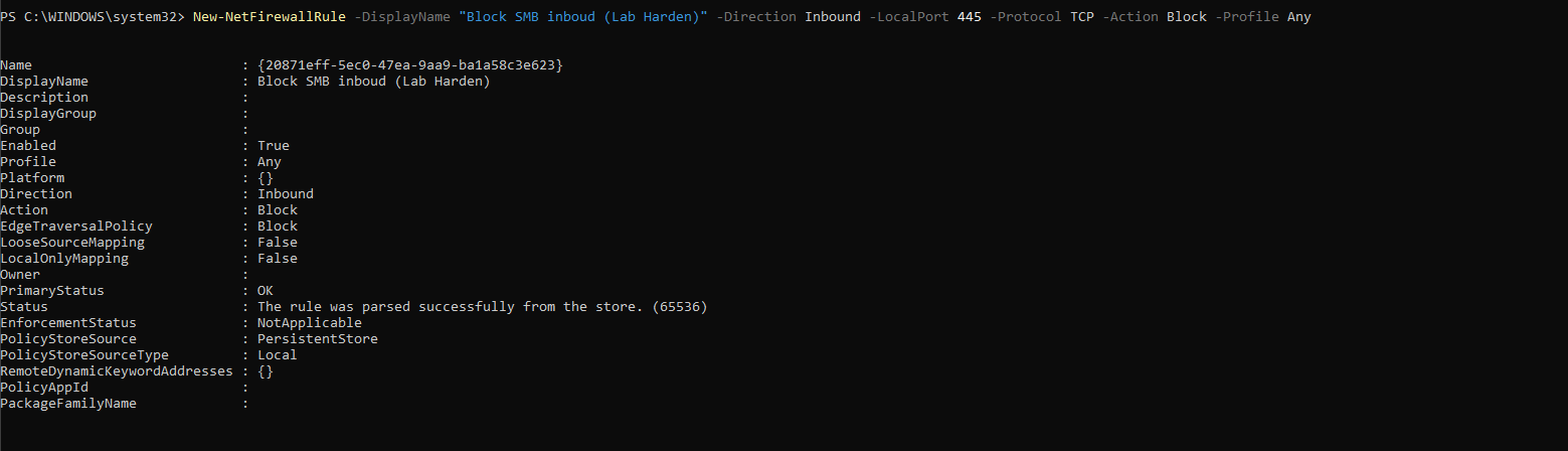Cropped Windows PowerShell showing creation and returned properties of the Block SMB inbound Lab Harden firewall rule.