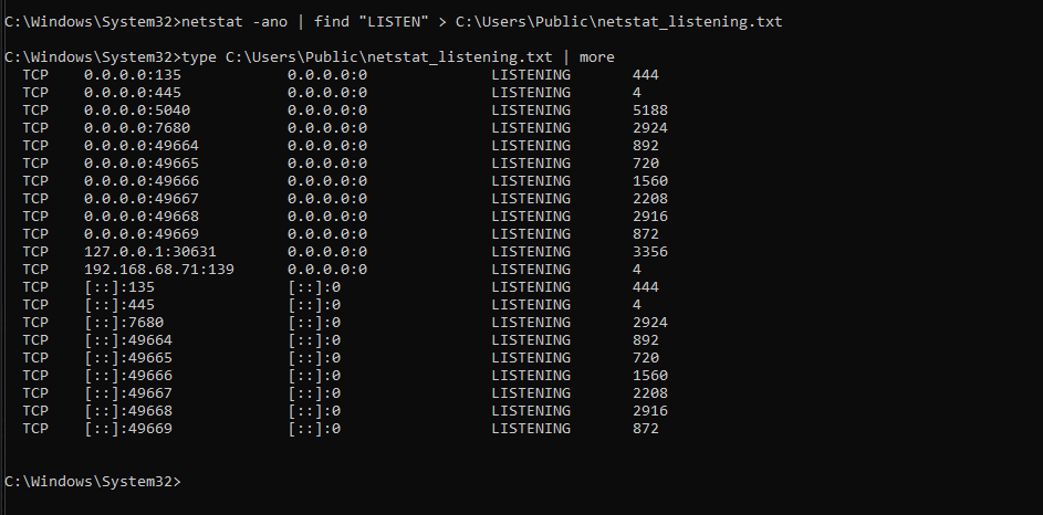 Windows terminal showing netstat output with local listening ports and owning process IDs.