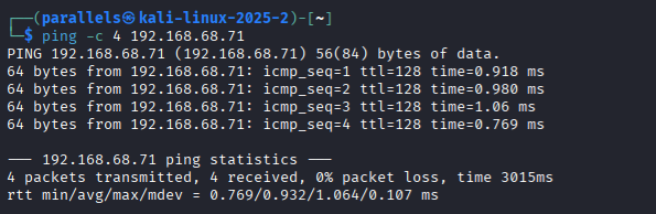 Kali terminal showing four successful ping replies from the Windows target at 192.168.68.71.