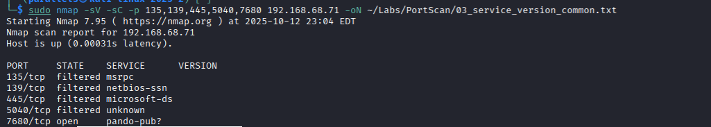 Cropped Kali Nmap service scan showing four filtered ports and TCP 7680 open with a tentative service label.