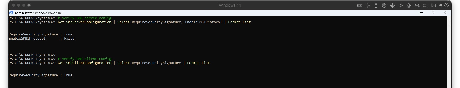 Cropped Windows PowerShell verification showing server and client RequireSecuritySignature set to True and server EnableSMB1Protocol set to False.