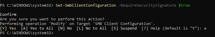 Windows PowerShell showing the client SMB signing configuration command completing without an error.