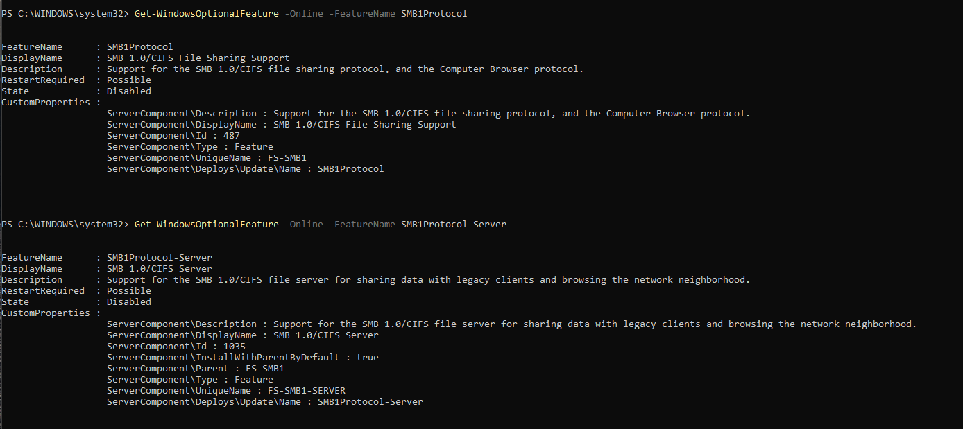 Cropped Windows PowerShell output showing SMB1Protocol and SMB1Protocol-Server in a Disabled state.
