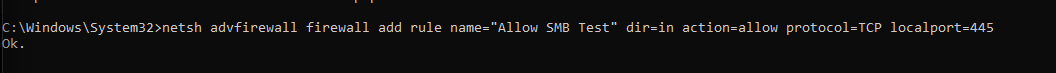 Windows PowerShell showing creation of the temporary inbound Allow SMB Test firewall rule for TCP 445.